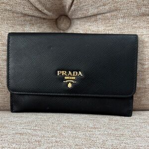 Prada Black Leather Wallet with Gold Accents